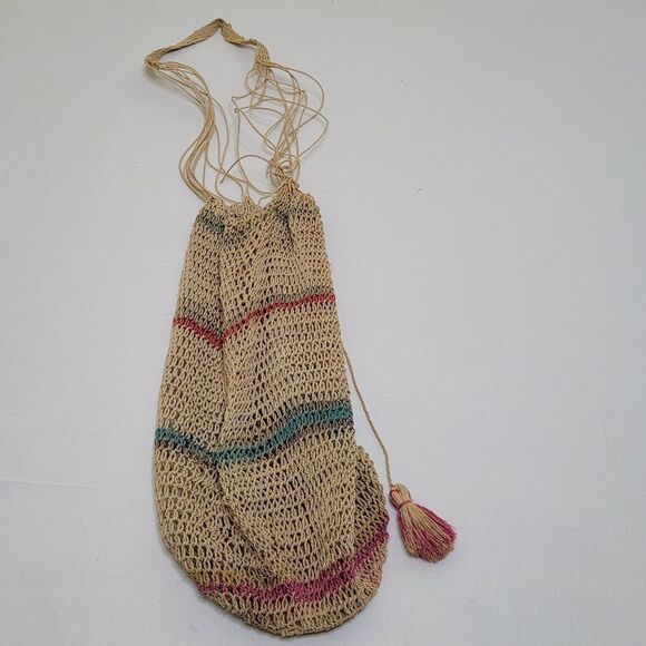 WOVEN HEMP FISHERMAN'S TASSEL PACKABLE TRAVEL HOBO SLOUCH BAG PURSE - Picture 4 of 9
